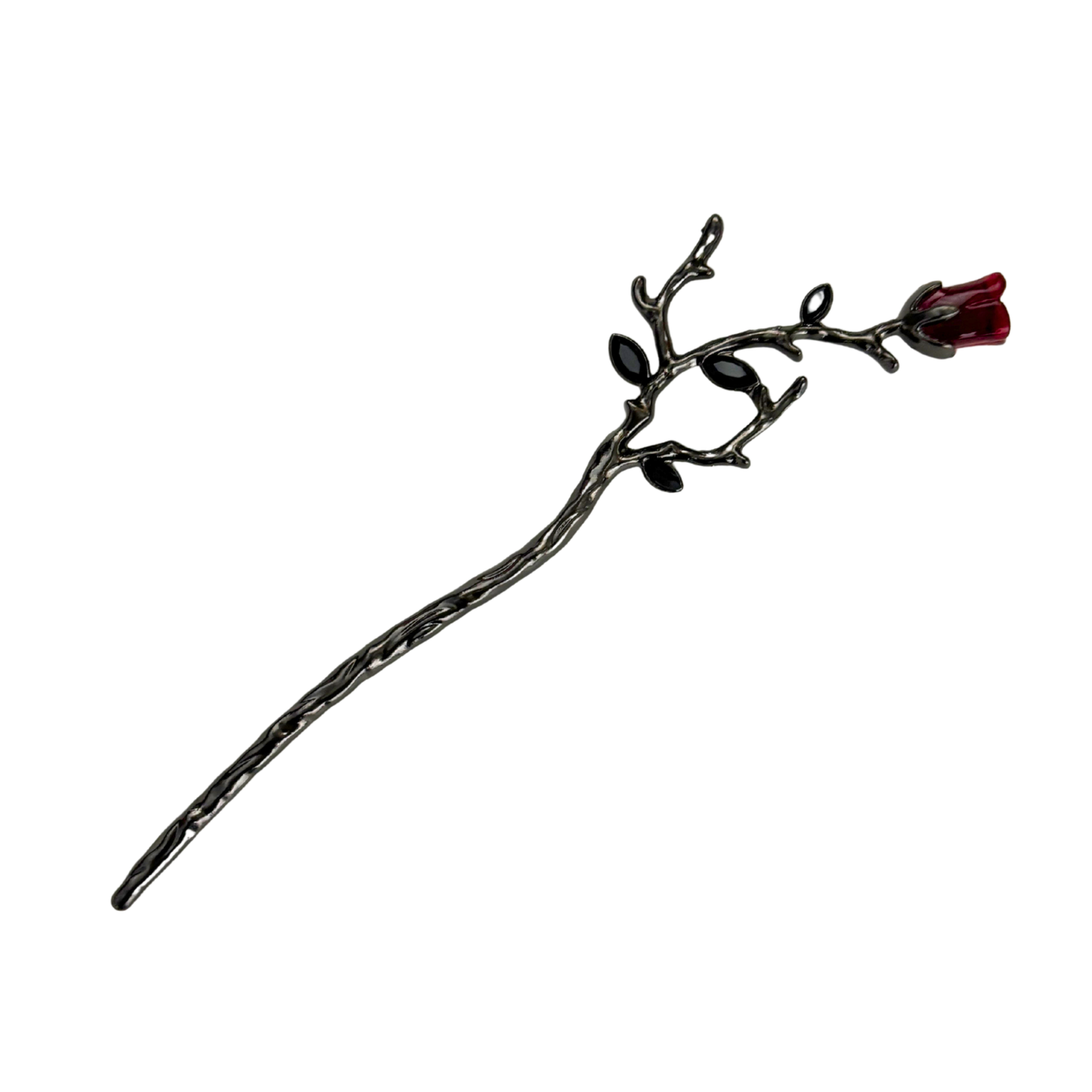 Gothic Rose Hair Stick | Dark Metal Bun Pin with Red Rose & Black Gems