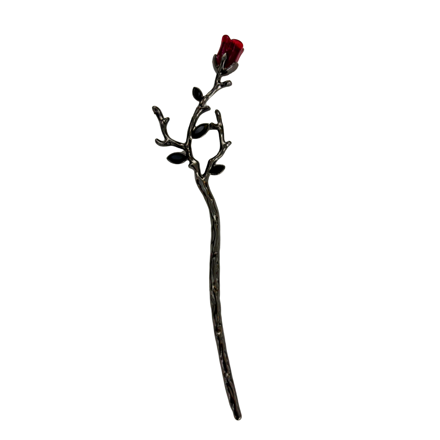Gothic Rose Hair Stick | Dark Metal Bun Pin with Red Rose & Black Gems