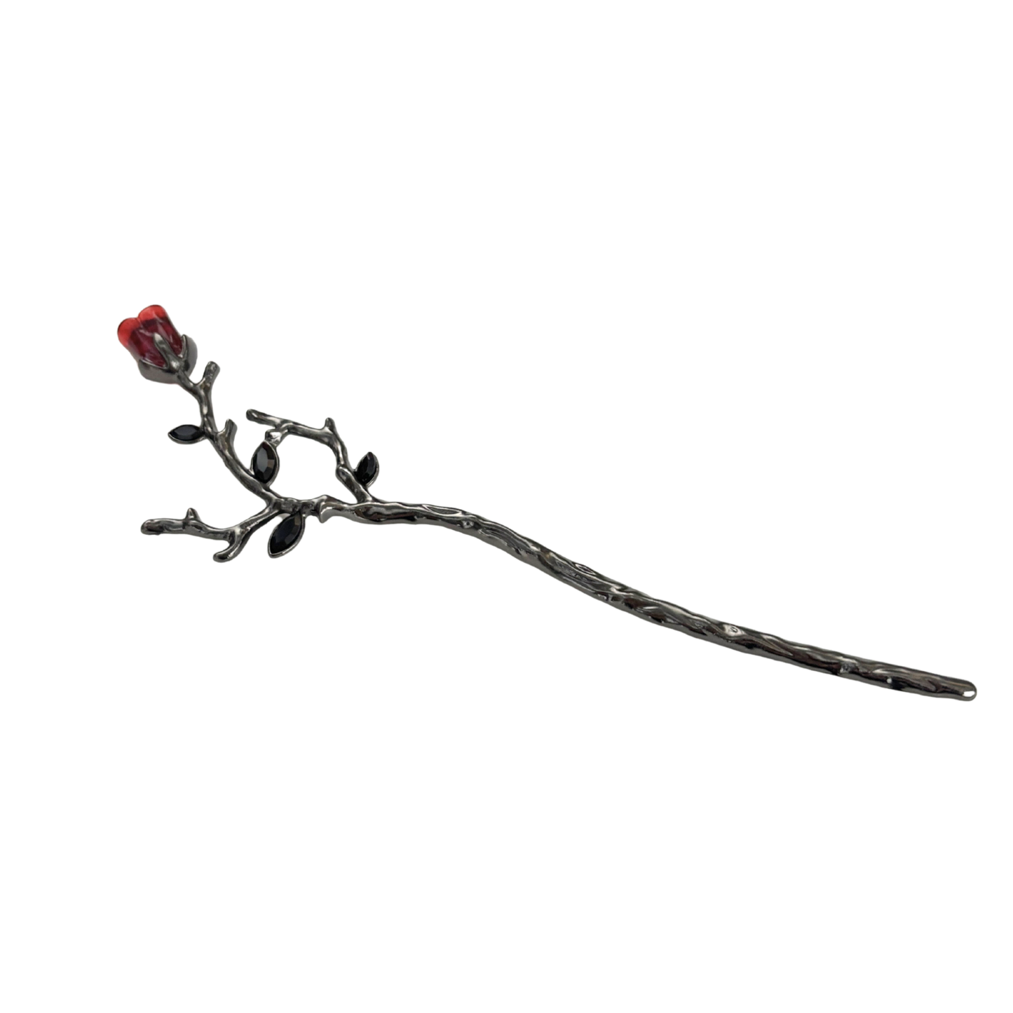 Gothic Rose Hair Stick | Dark Metal Bun Pin with Red Rose & Black Gems