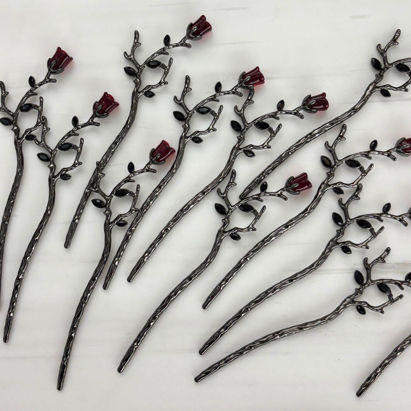 Gothic Rose Hair Stick | Dark Metal Bun Pin with Red Rose & Black Gems