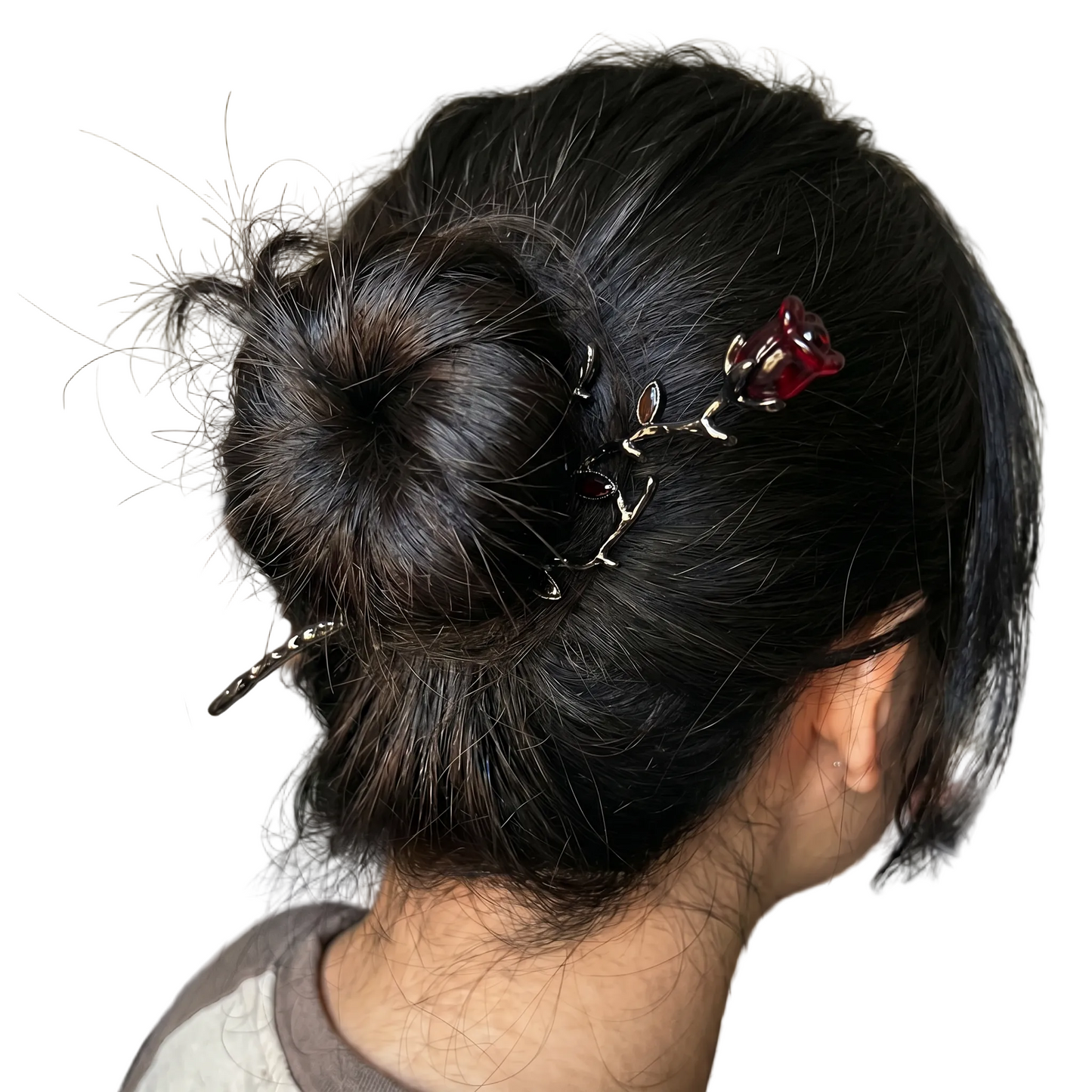 Gothic Rose Hair Stick | Dark Metal Bun Pin with Red Rose & Black Gems