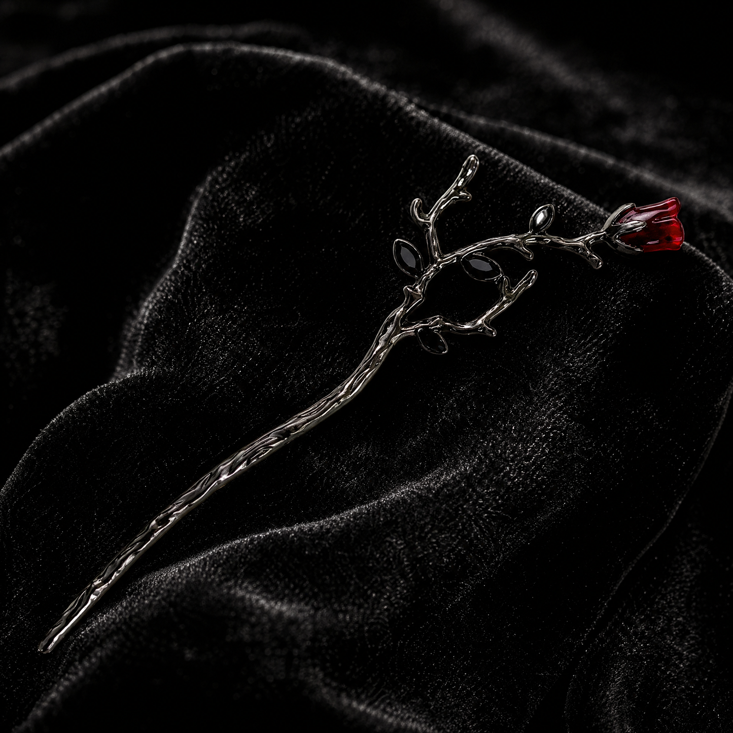 Gothic Rose Hair Stick | Dark Metal Bun Pin with Red Rose & Black Gems