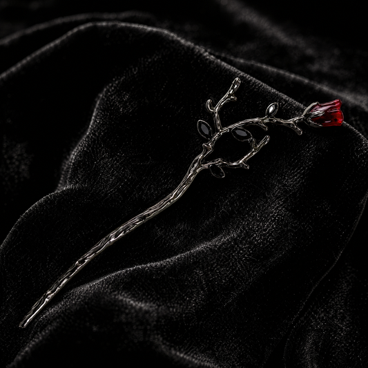 Gothic Rose Hair Stick | Dark Metal Bun Pin with Red Rose & Black Gems