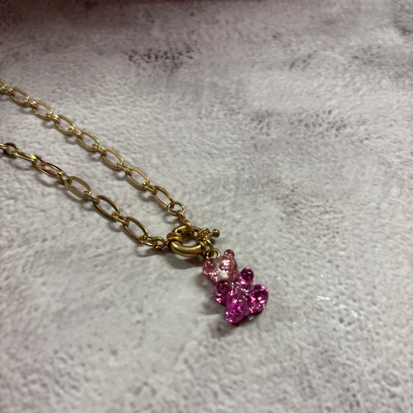 Gradient Gummy Bear Necklace on Gold Chain | Pink-Purple or Pink-Gold Candy Pendant