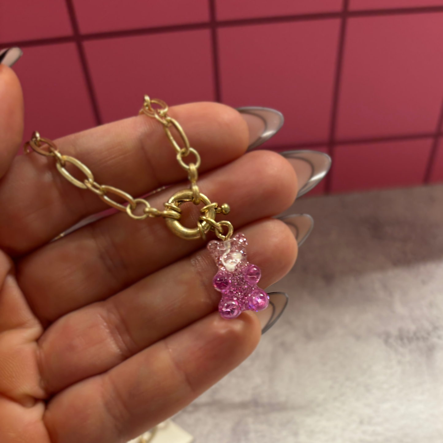 Gradient Gummy Bear Necklace on Gold Chain | Pink-Purple or Pink-Gold Candy Pendant