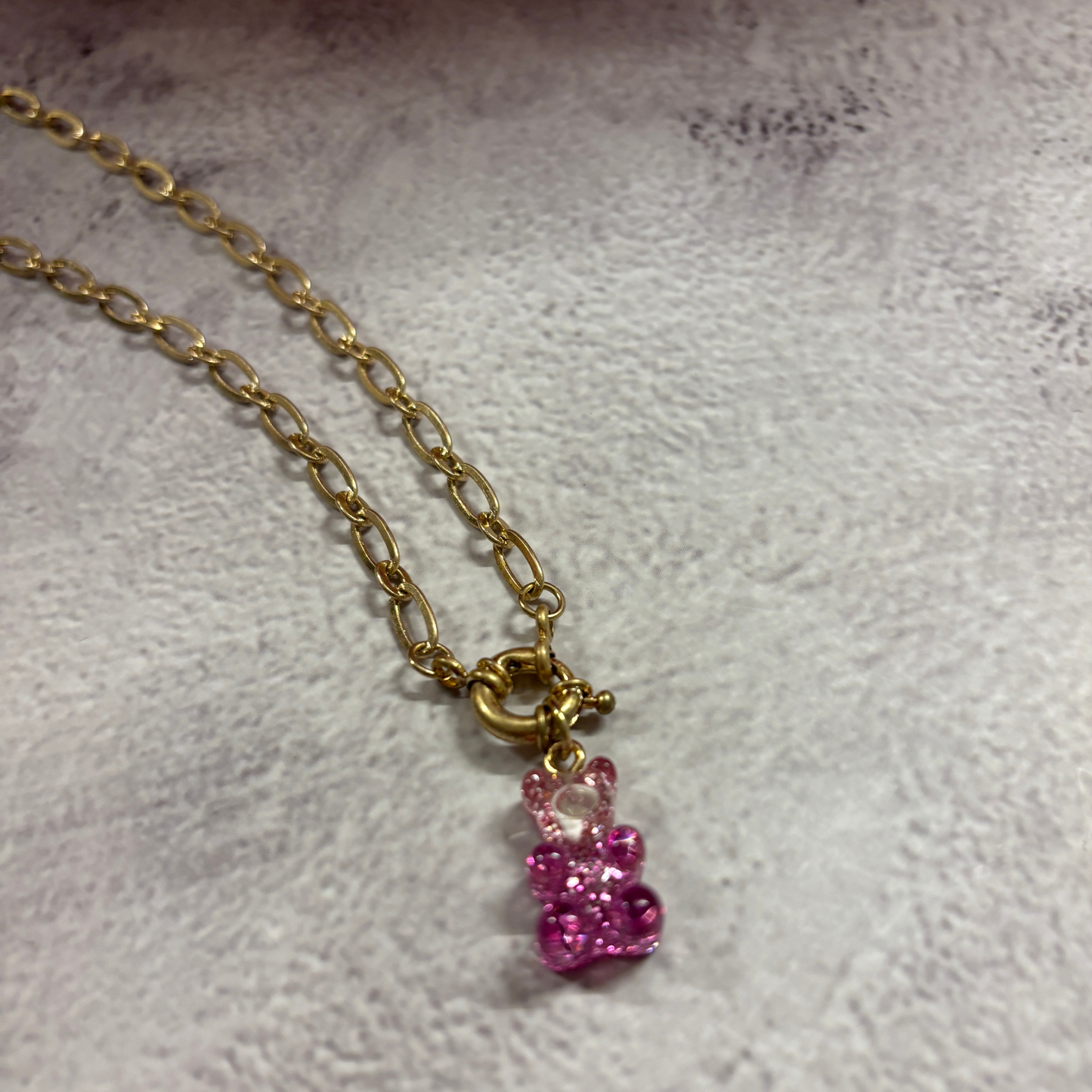 Gradient Gummy Bear Necklace on Gold Chain | Pink-Purple or Pink-Gold Candy Pendant