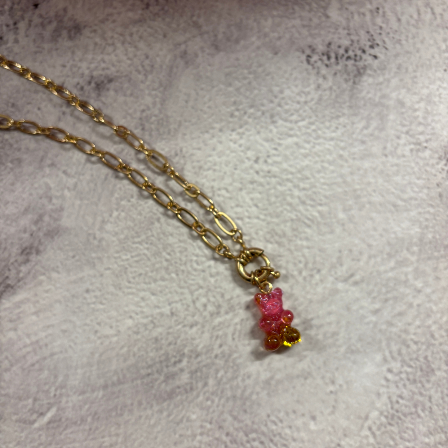 Gradient Gummy Bear Necklace on Gold Chain | Pink-Purple or Pink-Gold Candy Pendant