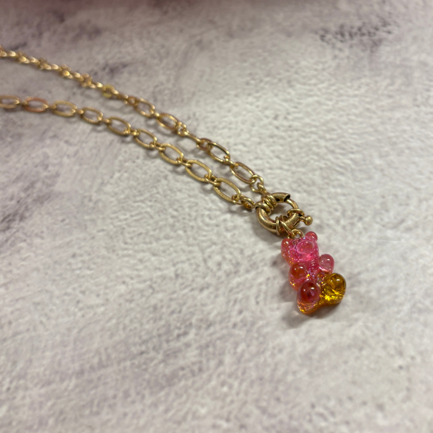 Gradient Gummy Bear Necklace on Gold Chain | Pink-Purple or Pink-Gold Candy Pendant
