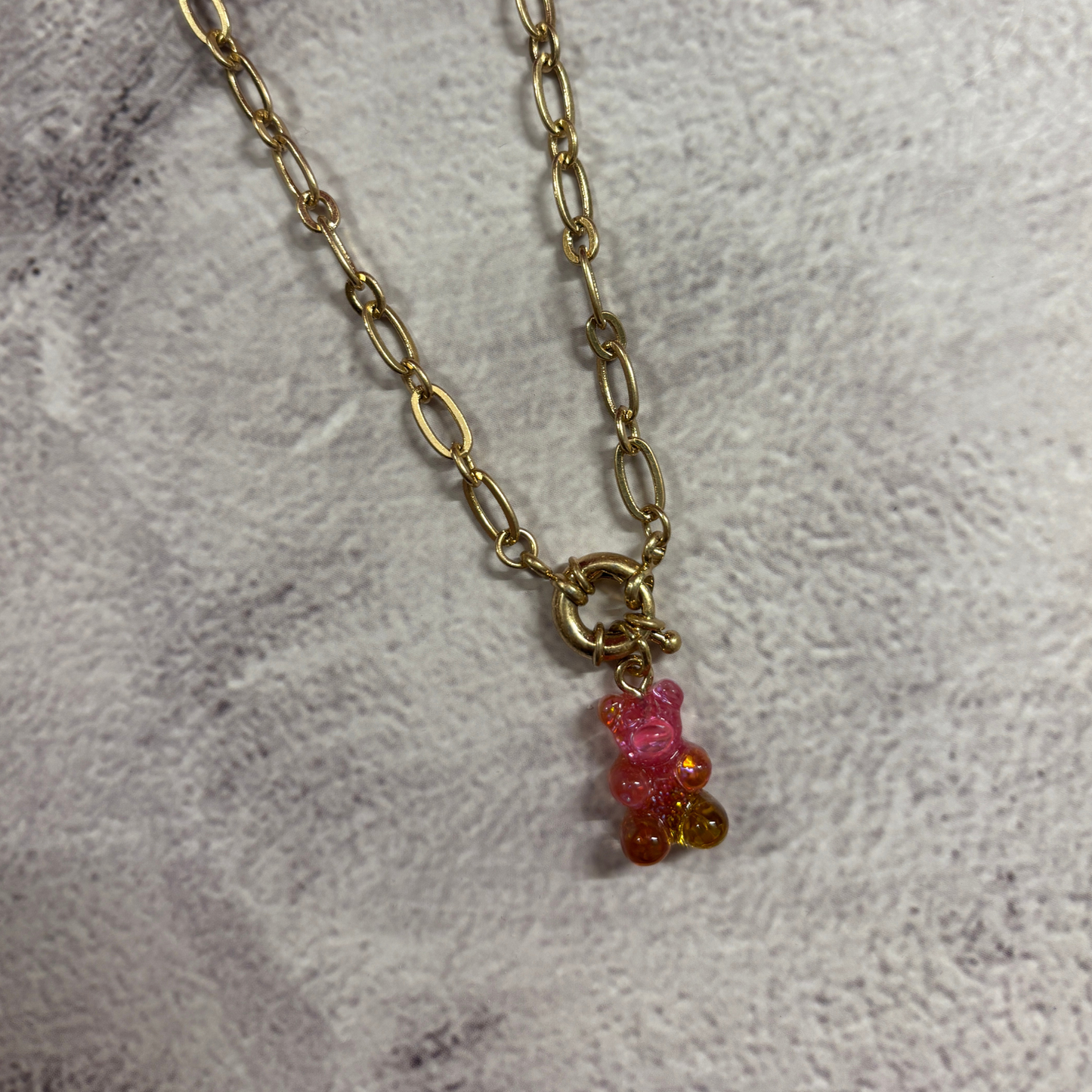 Gradient Gummy Bear Necklace on Gold Chain | Pink-Purple or Pink-Gold Candy Pendant