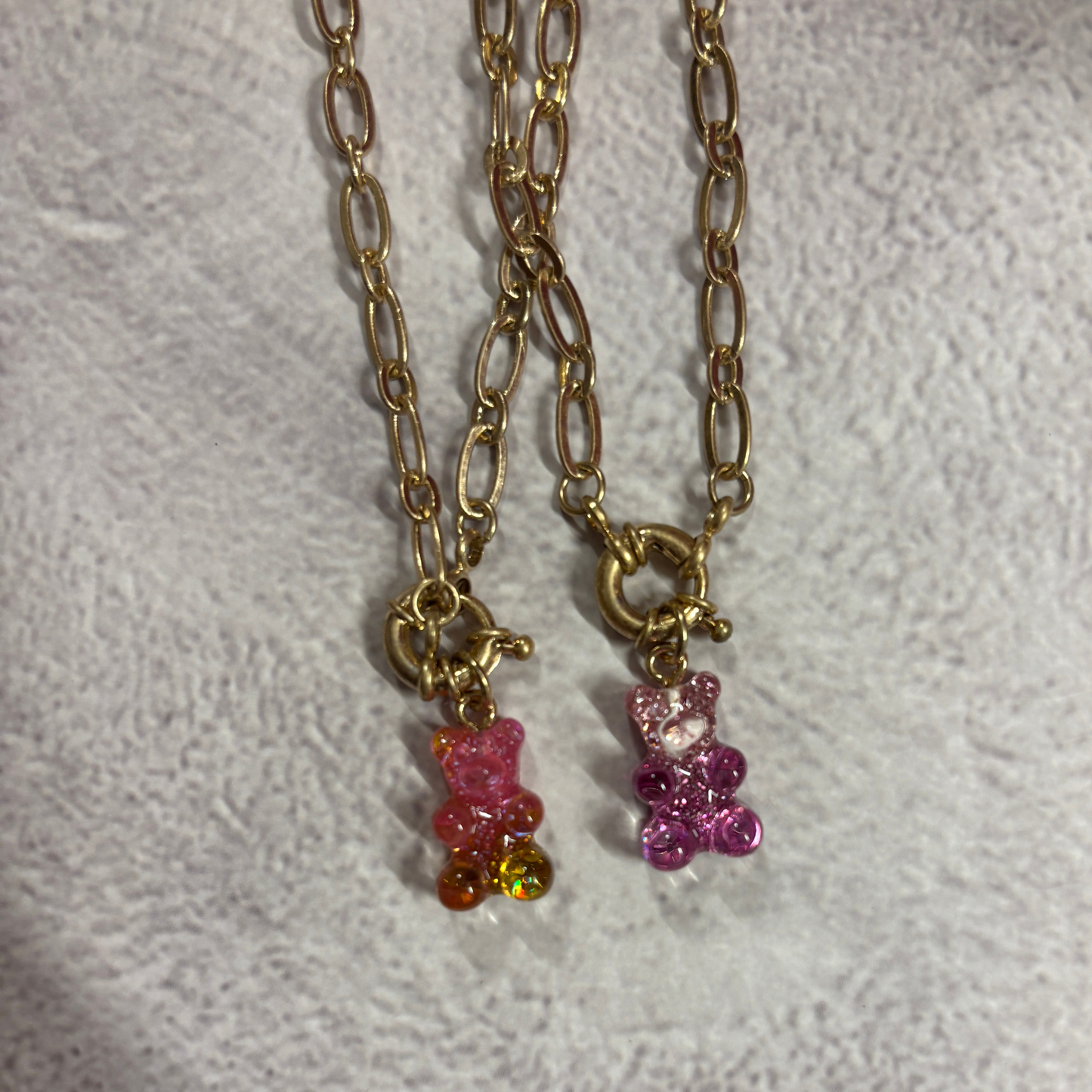 Gradient Gummy Bear Necklace on Gold Chain | Pink-Purple or Pink-Gold Candy Pendant
