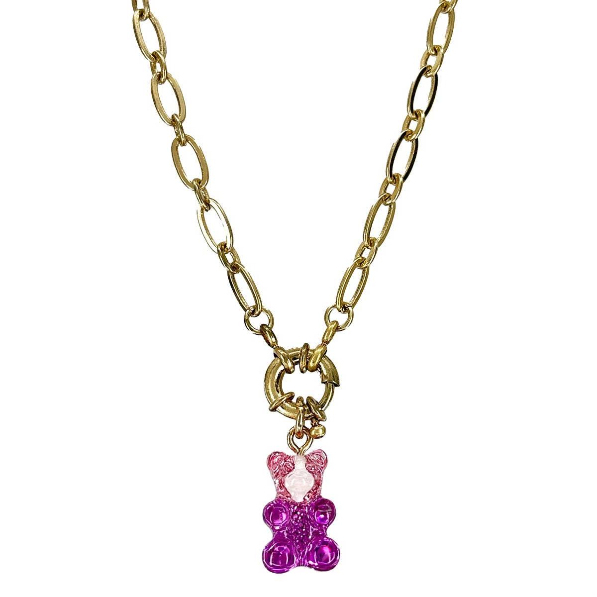 Gradient Gummy Bear Necklace on Gold Chain | Pink-Purple or Pink-Gold Candy Pendant