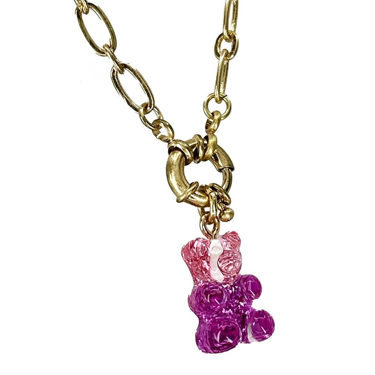 Gradient Gummy Bear Necklace on Gold Chain | Pink-Purple or Pink-Gold Candy Pendant