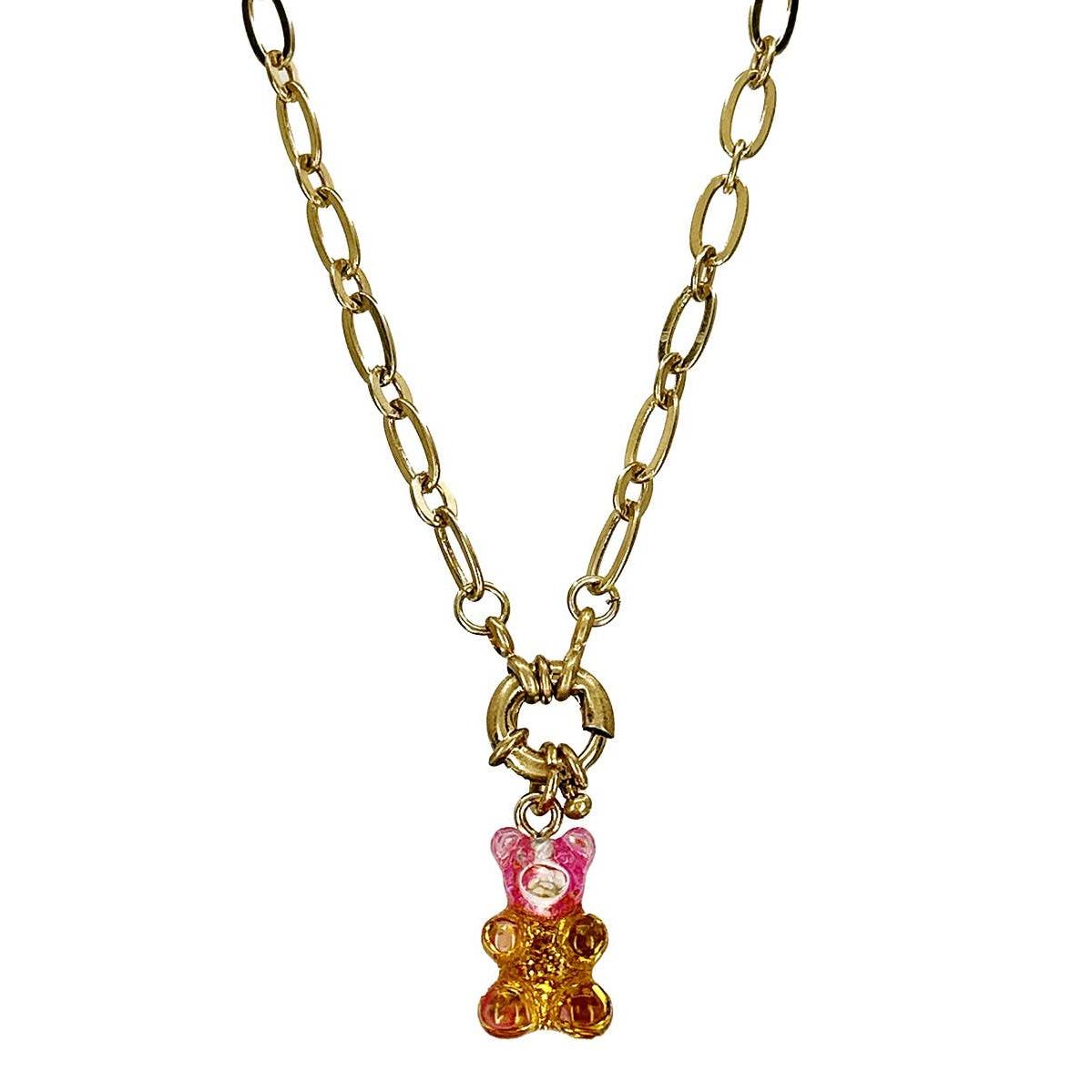 Gradient Gummy Bear Necklace on Gold Chain | Pink-Purple or Pink-Gold Candy Pendant