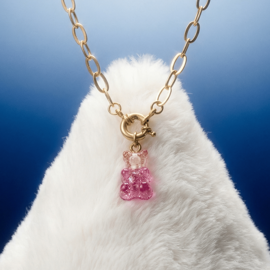 Gradient Gummy Bear Necklace on Gold Chain | Pink-Purple or Pink-Gold Candy Pendant