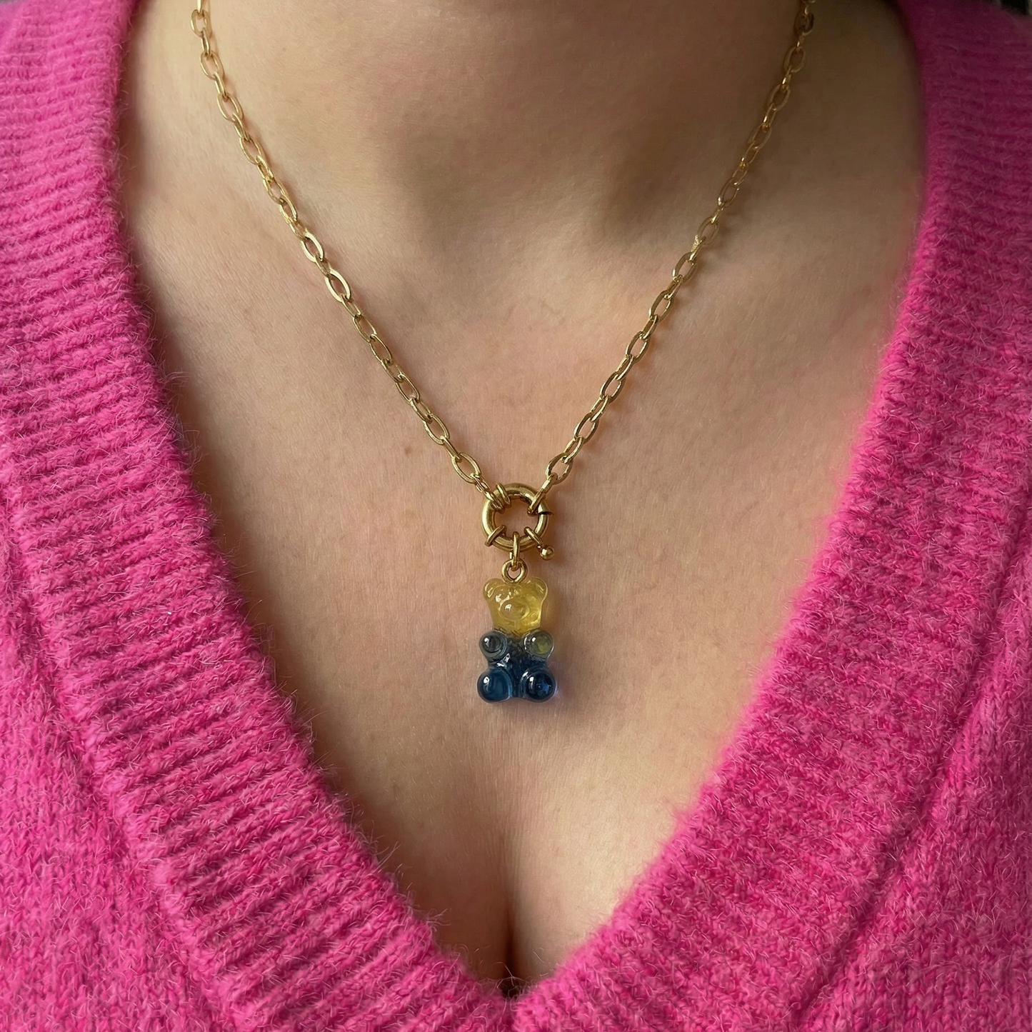 Gradient Gummy Bear Necklace on Gold Chain | Y2K Pink-Purple or Pink-Gold Candy Pendant