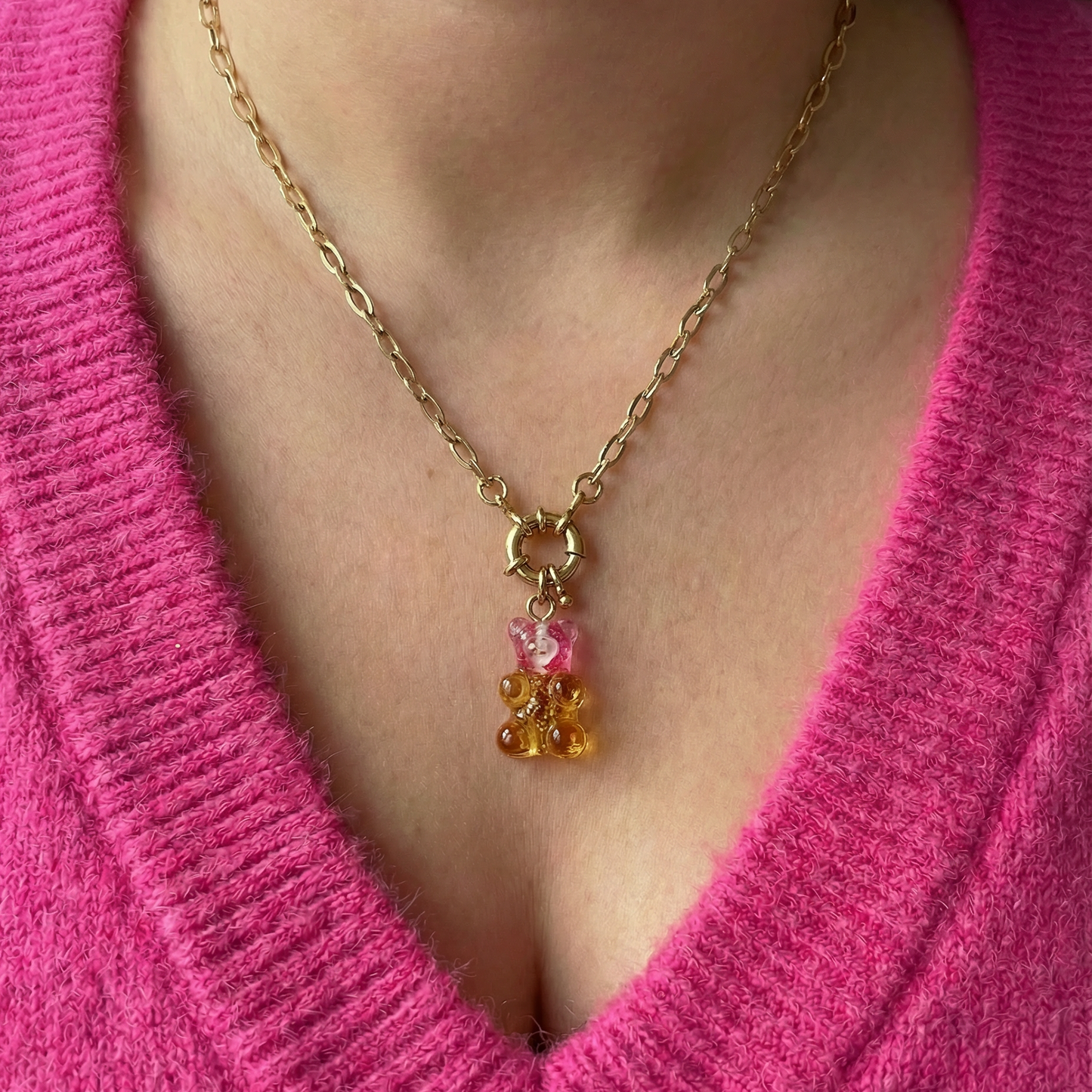 Gradient Gummy Bear Necklace on Gold Chain | Y2K Pink-Purple or Pink-Gold Candy Pendant