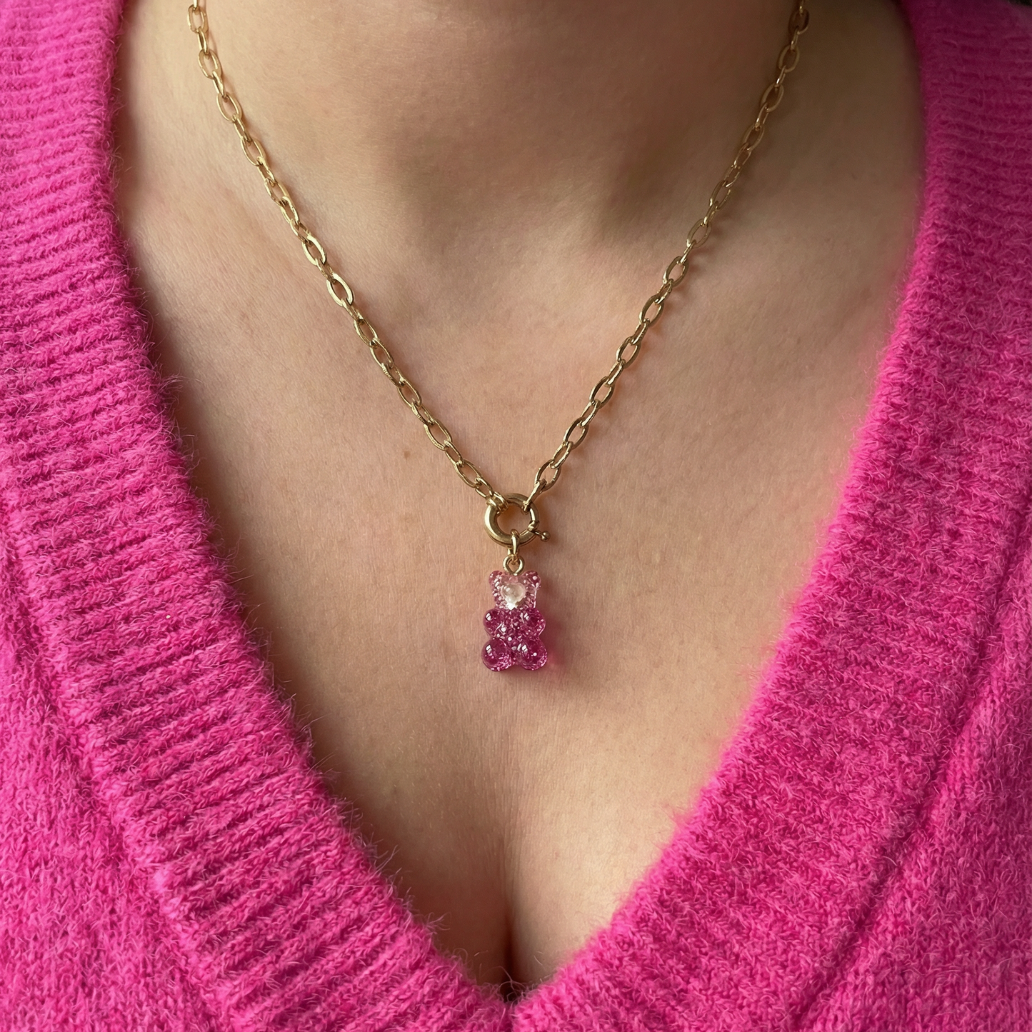 Gradient Gummy Bear Necklace on Gold Chain | Y2K Pink-Purple or Pink-Gold Candy Pendant