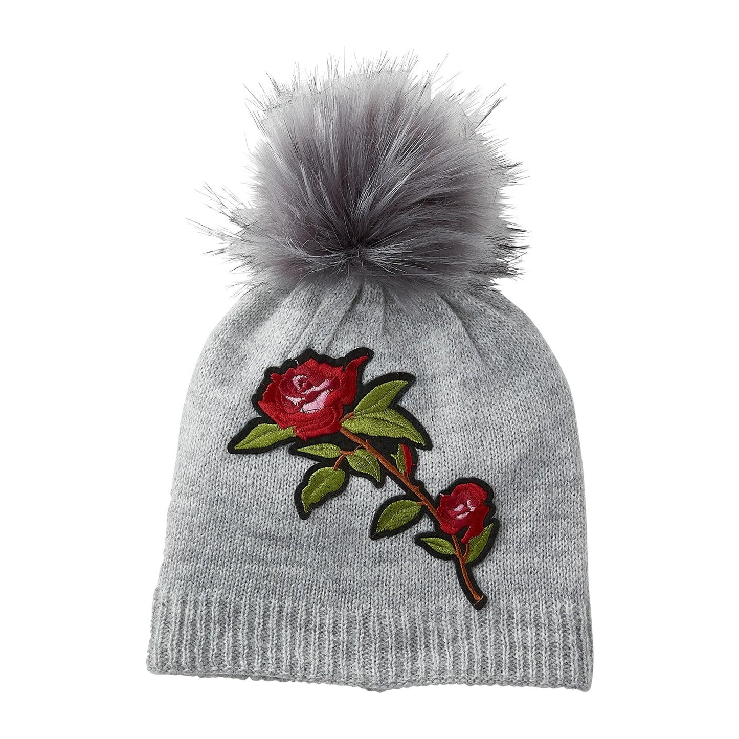 Gray Embellished Rose Beanie | Winter Accessory Soft Cable Pom Pom Knit Hat