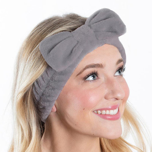 Gray Plush Bow Spa Headband | Soft Hair Band for Skincare Facial After Shower