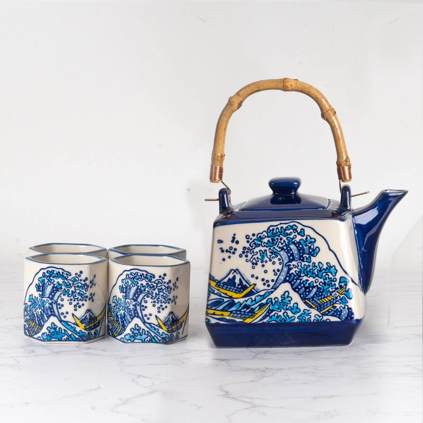 Great Wave Japanese Tea Set 20oz Tea Pot with 4 Hexagon Cups | Gift Box