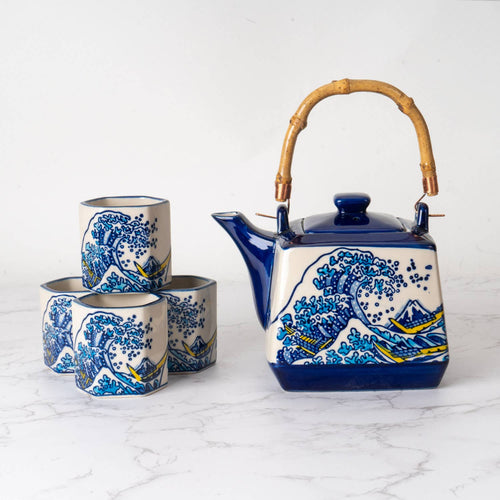 Great Wave Japanese Tea Set 20oz Tea Pot with 4 Hexagon Cups | Gift Box