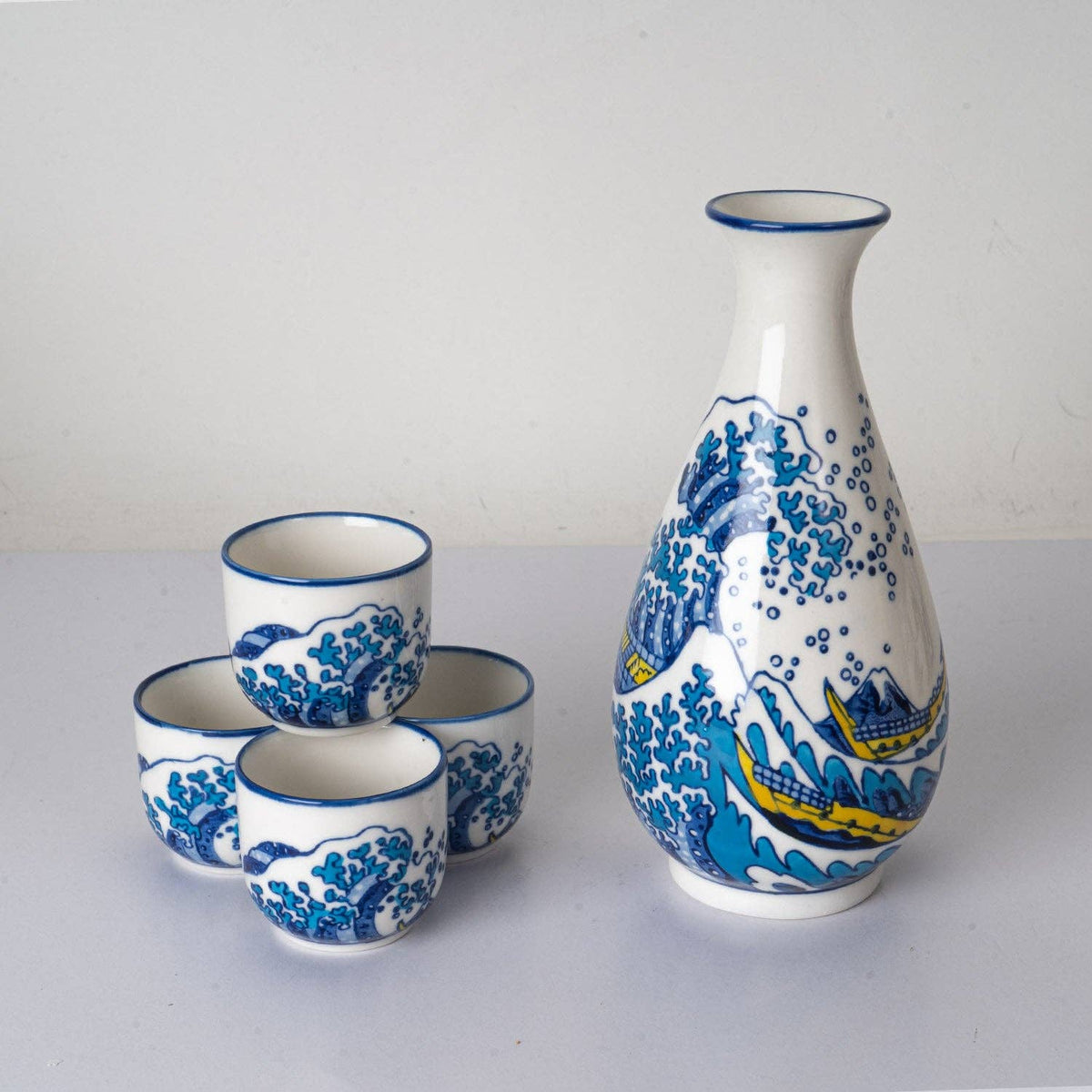 Great Wave Porcelain Sake Gift Set | 10 fl oz Bottle and 4 Cups-Urban Tokyo-The Bullish Store