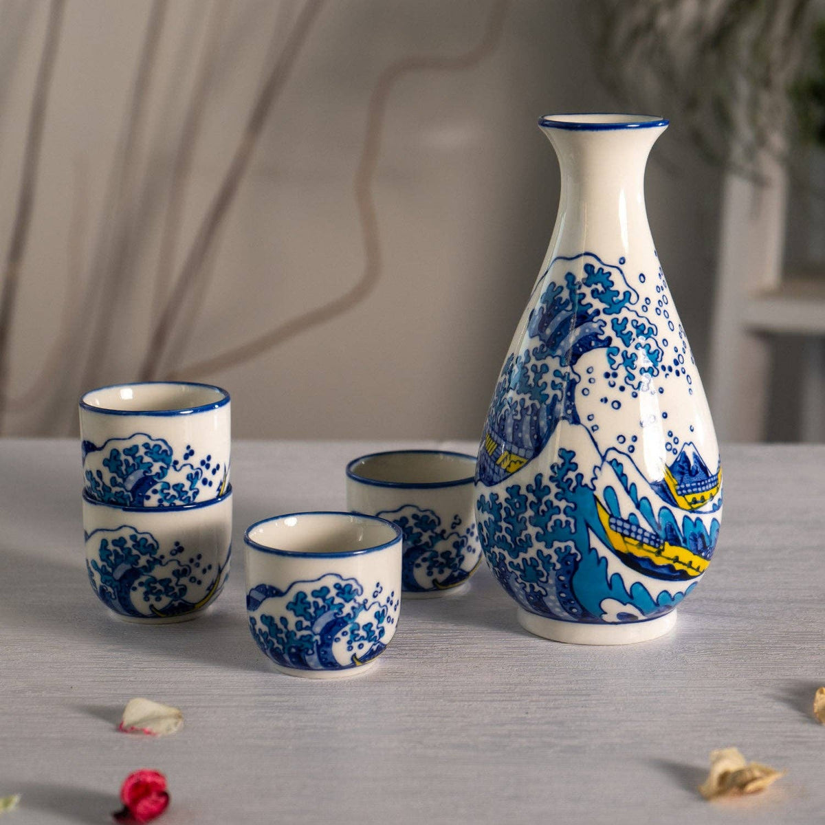 Great Wave Porcelain Sake Gift Set | 10 fl oz Bottle and 4 Cups-Urban Tokyo-The Bullish Store