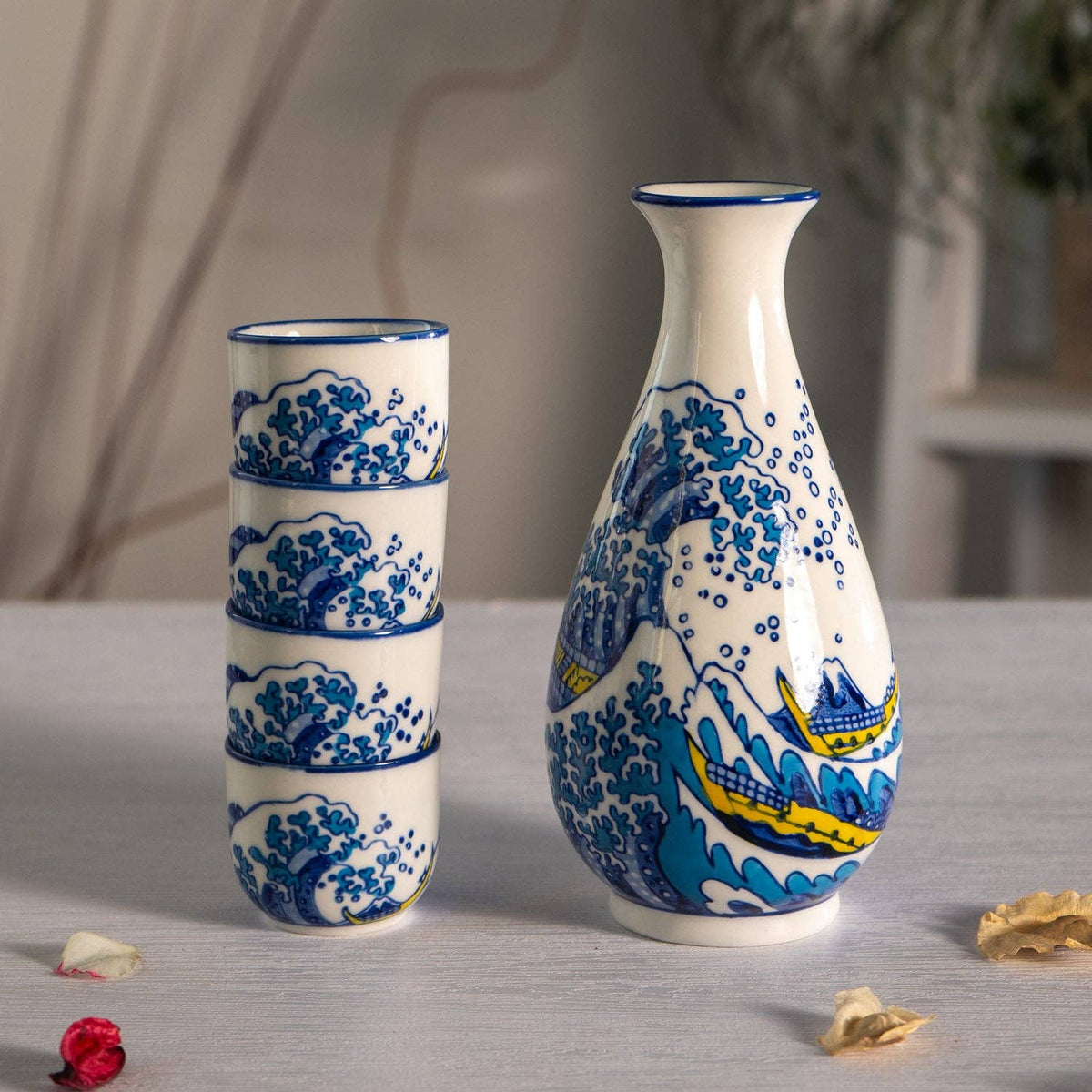 Great Wave Porcelain Sake Gift Set | 10 fl oz Bottle and 4 Cups-Urban Tokyo-The Bullish Store