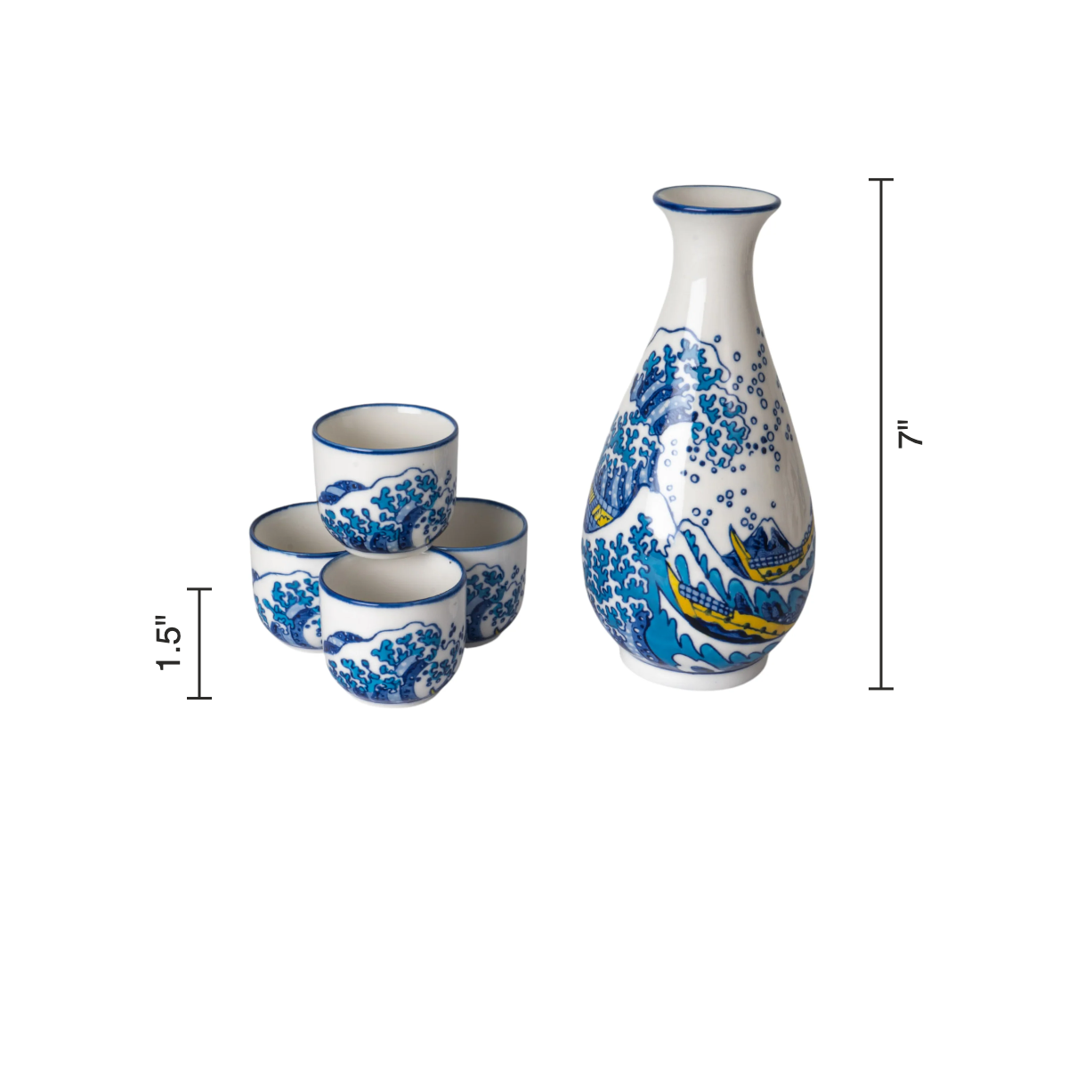 Size chart: sake bottle 7 inches tall, cups 1.5 inches tall