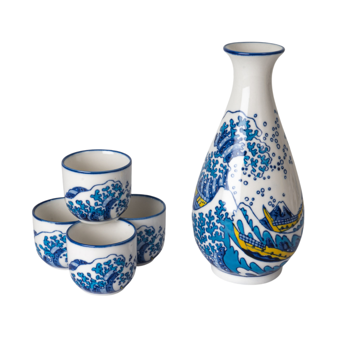 Ceramic sake set with blue wave design