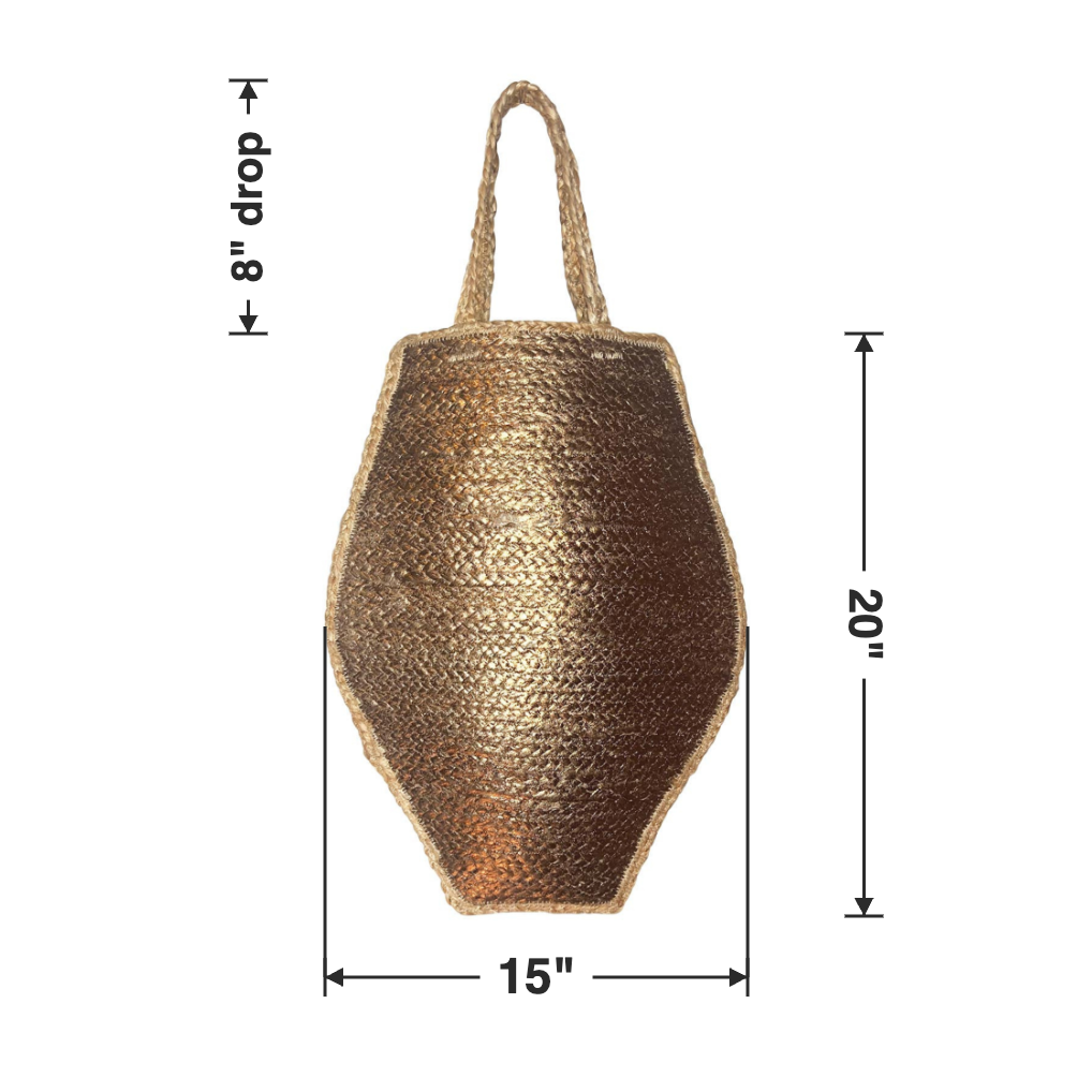 A woven natural-fiber tote bag centered on a white background, with dimension arrows and labels showing 15 inches wide, 20 inches tall, and an 8-inch drop.