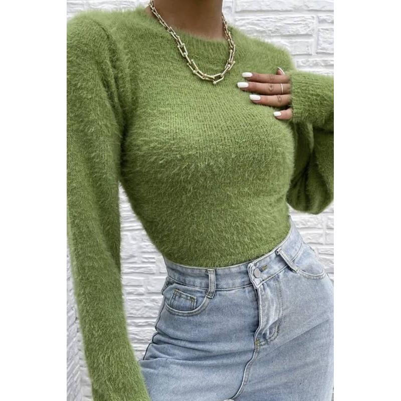 Green Fuzzy Open Back Cropped Sweater | Novelty Knit Crop Top | Trendy Open Back Sweater