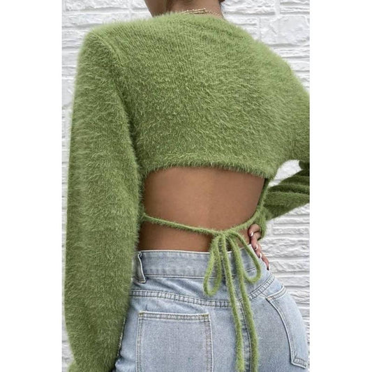 Green Fuzzy Open Back Cropped Sweater | Novelty Knit Crop Top | Trendy Open Back Sweater