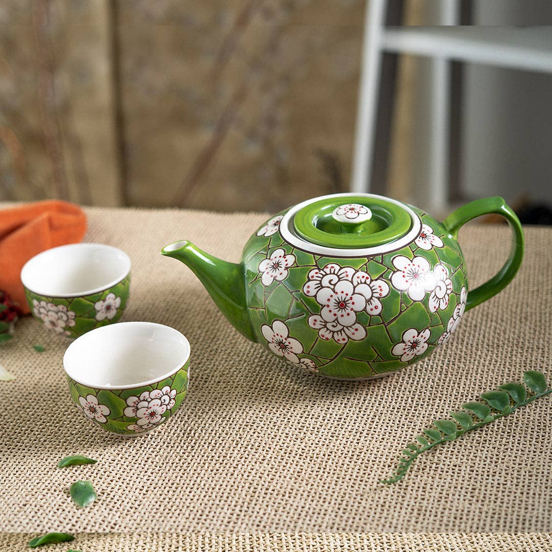 Green Ume Plum Blossom Porcelain Tea Set | 26 fl oz Teapot and 2 Cups-Urban Tokyo-The Bullish Store
