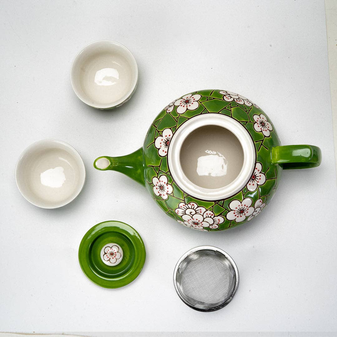 Green Ume Plum Blossom Porcelain Tea Set | 26 fl oz Teapot and 2 Cups-Urban Tokyo-The Bullish Store
