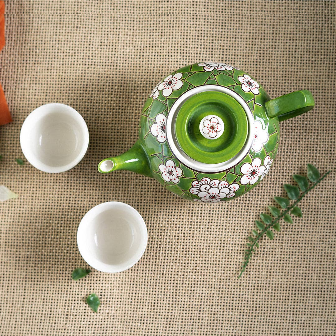 Green Ume Plum Blossom Porcelain Tea Set | 26 fl oz Teapot and 2 Cups-Urban Tokyo-The Bullish Store