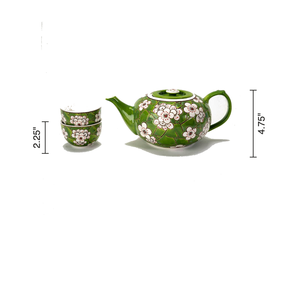 Size chart: teapot 4.75 inches tall, cups 2.25 inches tall