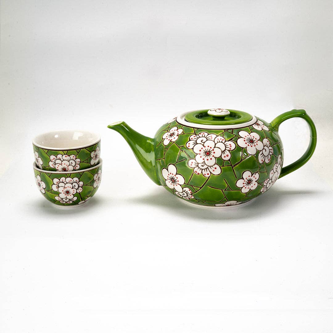 Green Ume Plum Blossom Porcelain Tea Set | 26 fl oz Teapot and 2 Cups-Urban Tokyo-The Bullish Store