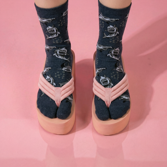 Grey Shark Split Toe Tabi Socks | Big Toe Flip Flop Socks | Shark Pattern Novelty Crew Socks