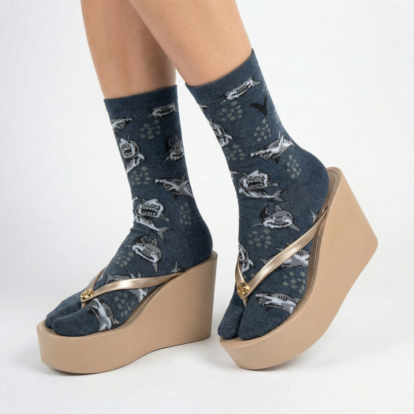 Grey Shark Split Toe Tabi Socks | Big Toe Flip Flop Socks | Shark Pattern Novelty Crew Socks