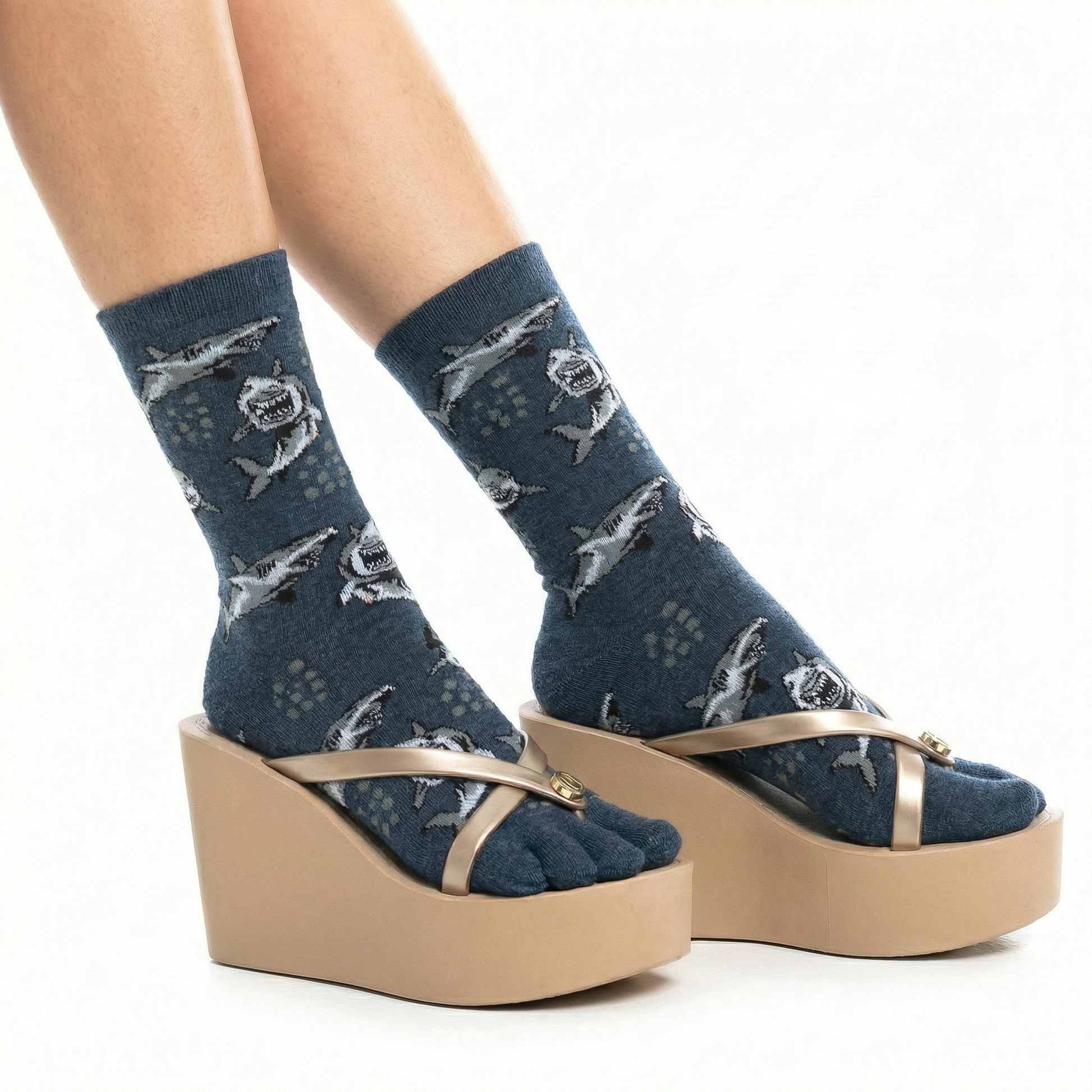 Grey Shark Split Toe Tabi Socks | Big Toe Flip Flop Socks | Shark Pattern Novelty Crew Socks