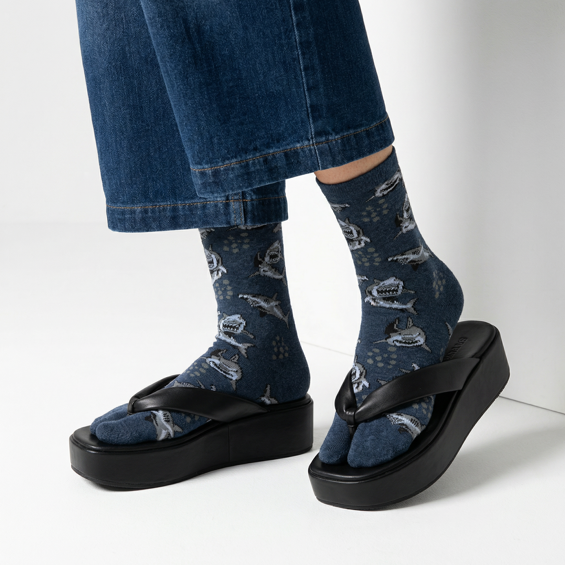 Grey Shark Split Toe Tabi Socks | Big Toe Flip Flop Socks | Shark Pattern Novelty Crew Socks