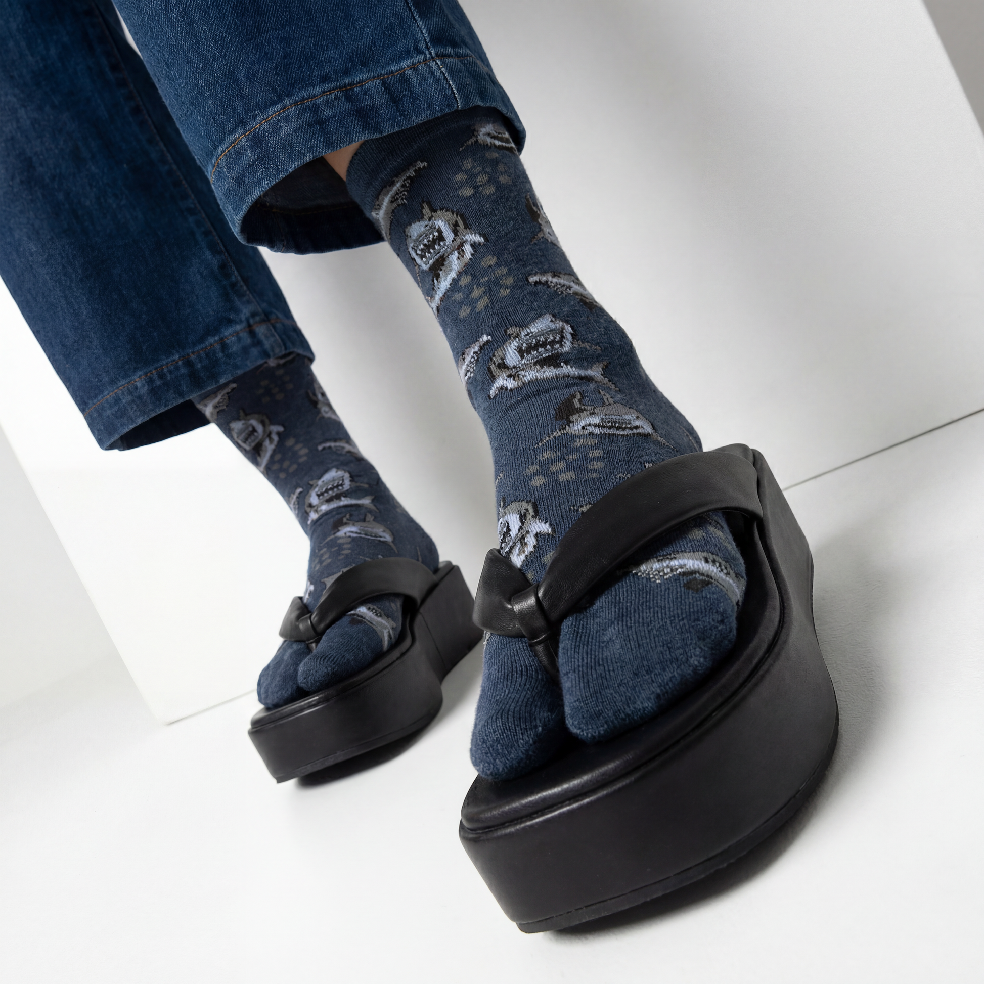 Grey Shark Split Toe Tabi Socks | Big Toe Flip Flop Socks | Shark Pattern Novelty Crew Socks