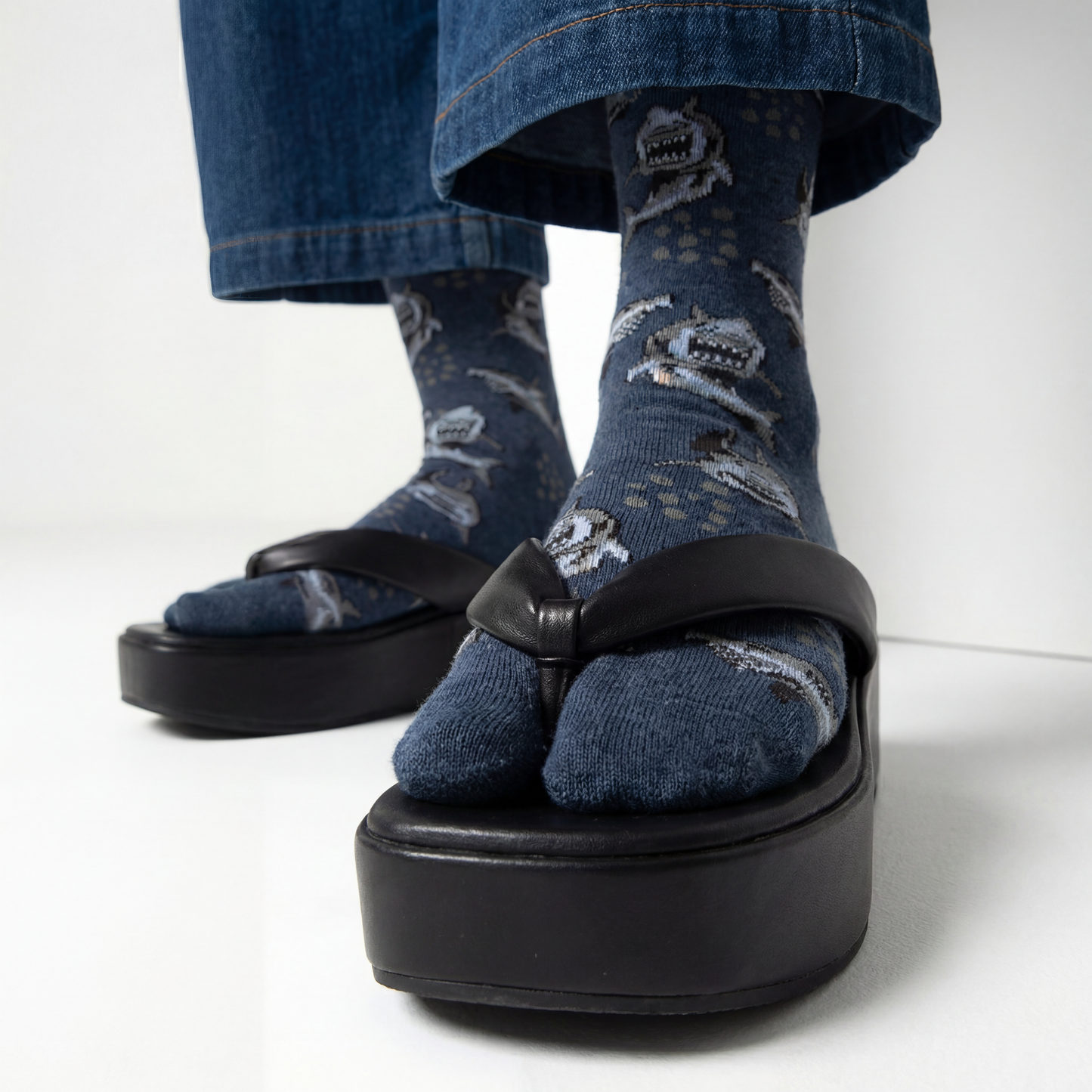 Grey Shark Split Toe Tabi Socks | Big Toe Flip Flop Socks | Shark Pattern Novelty Crew Socks
