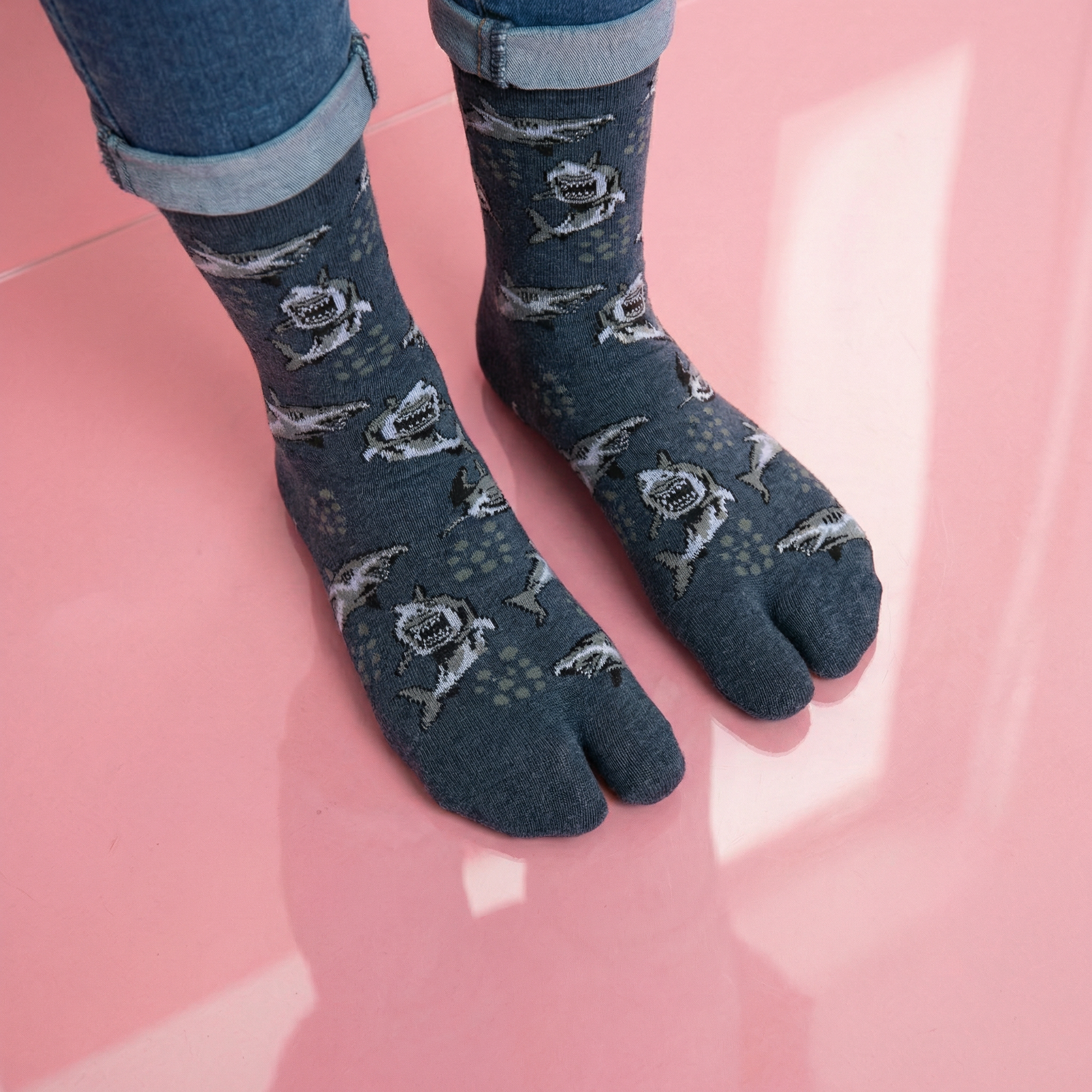 Grey Shark Split Toe Tabi Socks | Big Toe Flip Flop Socks | Shark Pattern Novelty Crew Socks