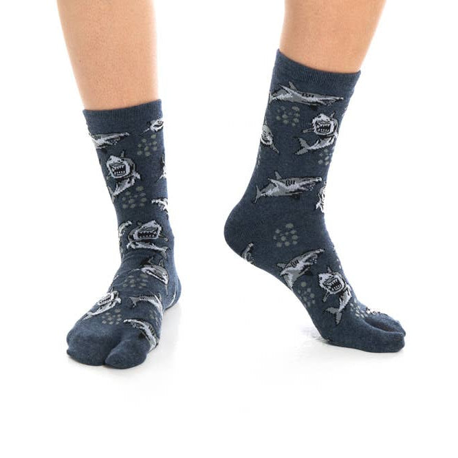 Grey Shark Split Toe Tabi Socks | Big Toe Flip Flop Socks | Shark Pattern Novelty Crew Socks