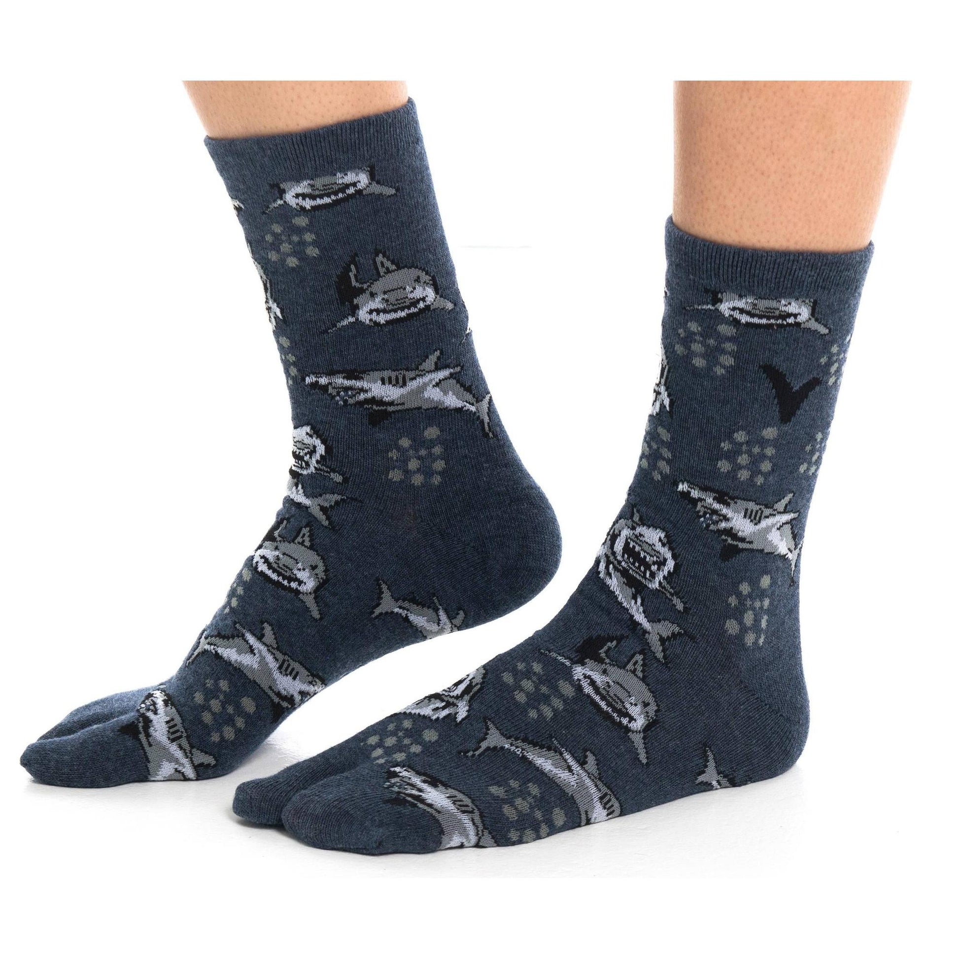Grey Shark Split Toe Tabi Socks | Big Toe Flip Flop Socks | Shark Pattern Novelty Crew Socks