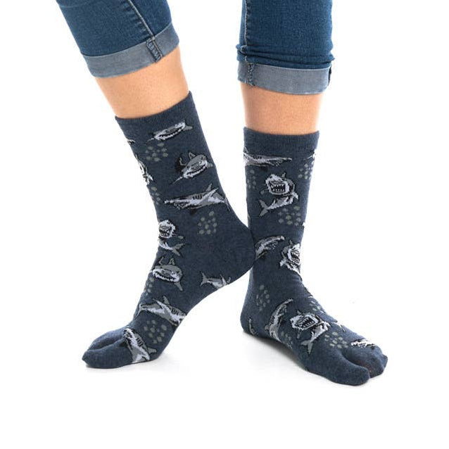 Grey Shark Split Toe Tabi Socks | Big Toe Flip Flop Socks | Shark Pattern Novelty Crew Socks