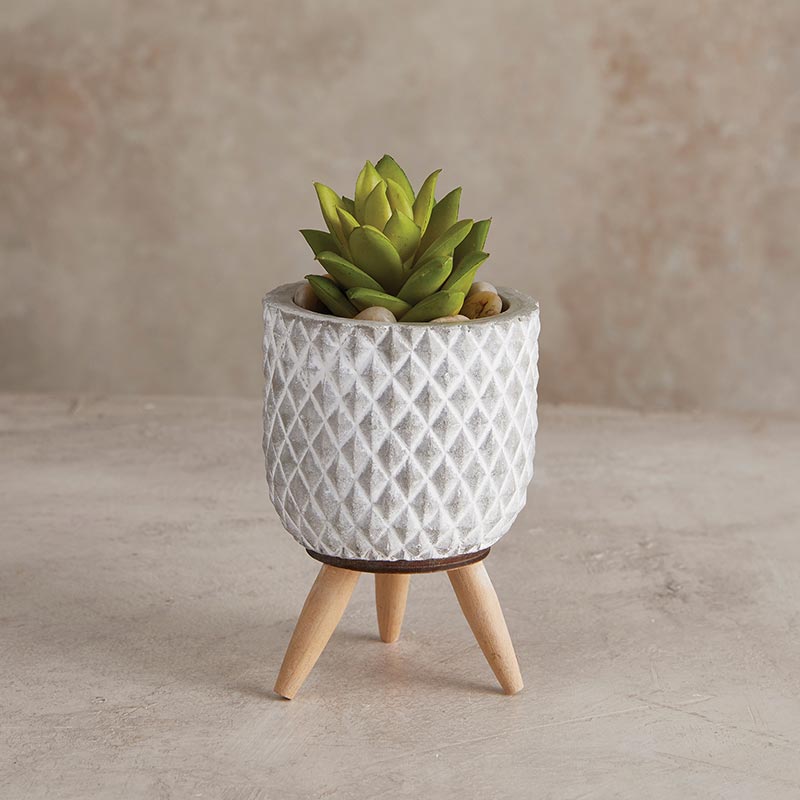 Grid Wood Leg Pot Mini Planter | Cement | 4" Tall