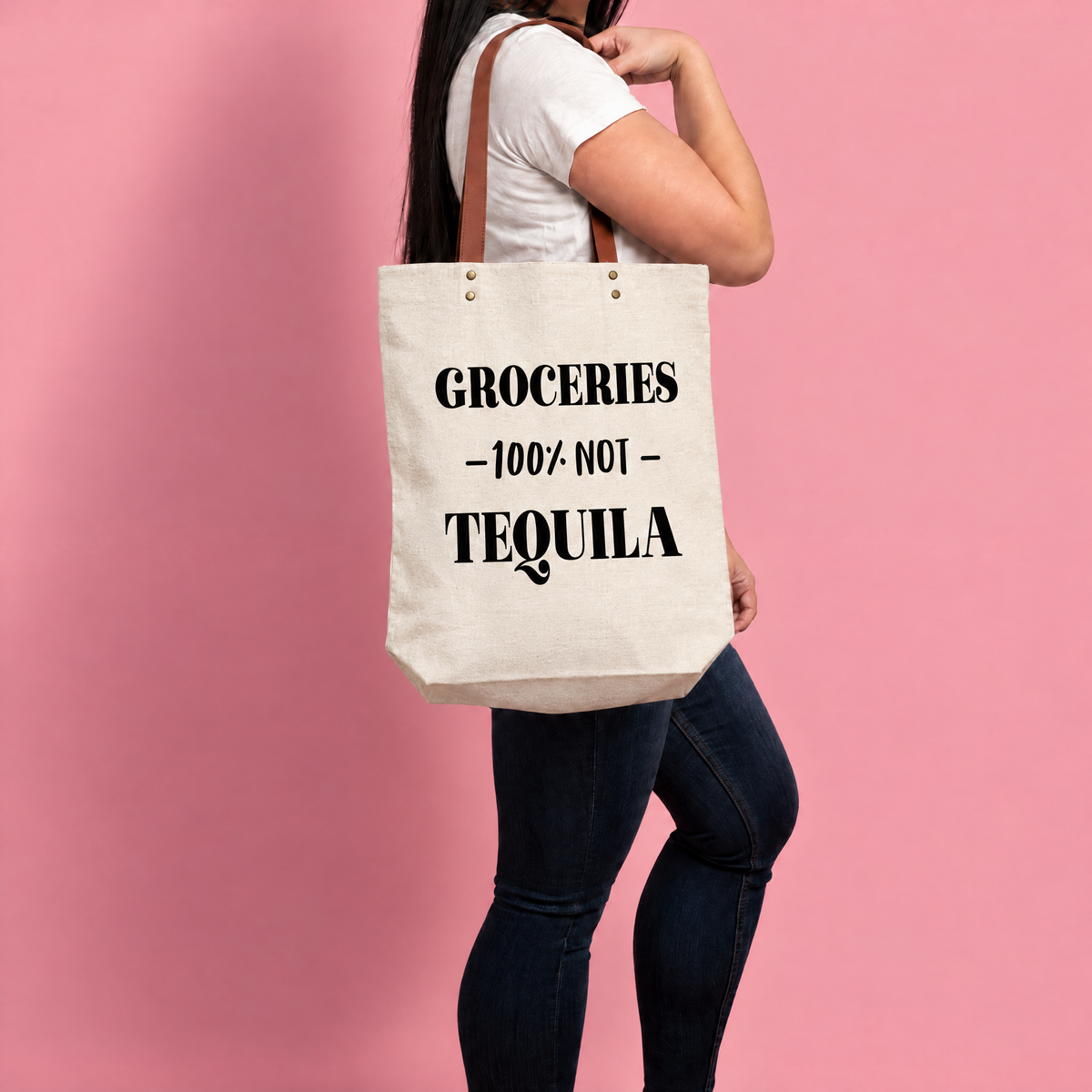 Groceries - 100% Not Tequila GIftable Canvas Tote Bag | Vegan Leather Handles-Fun Club-The Bullish Store